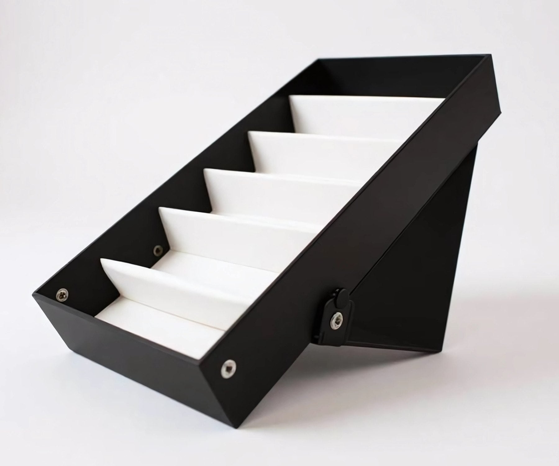 Black sunglasses organizer with white compartments 