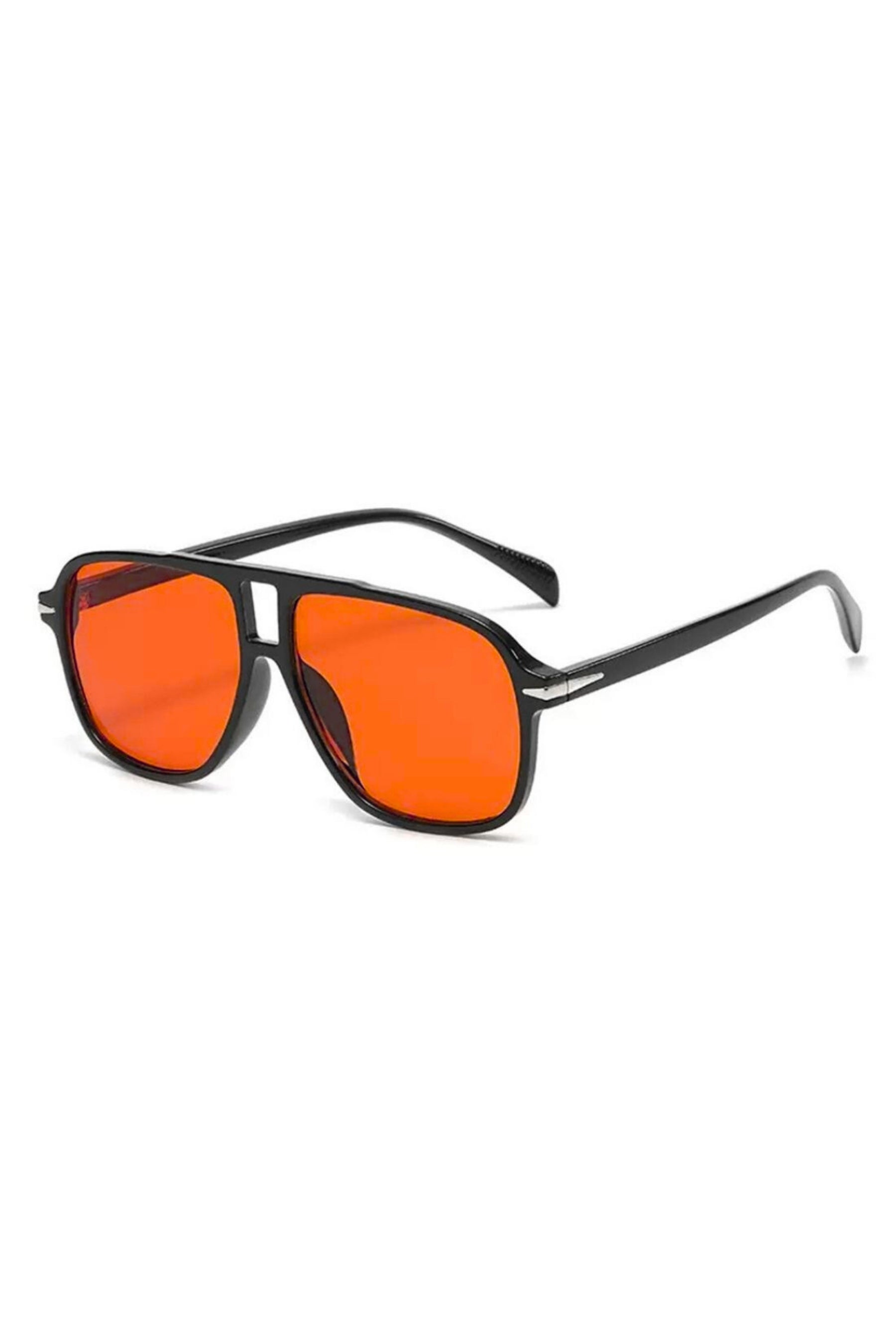 Aviator sunglasses with pop orange lenses and black frame, perfect for summer.