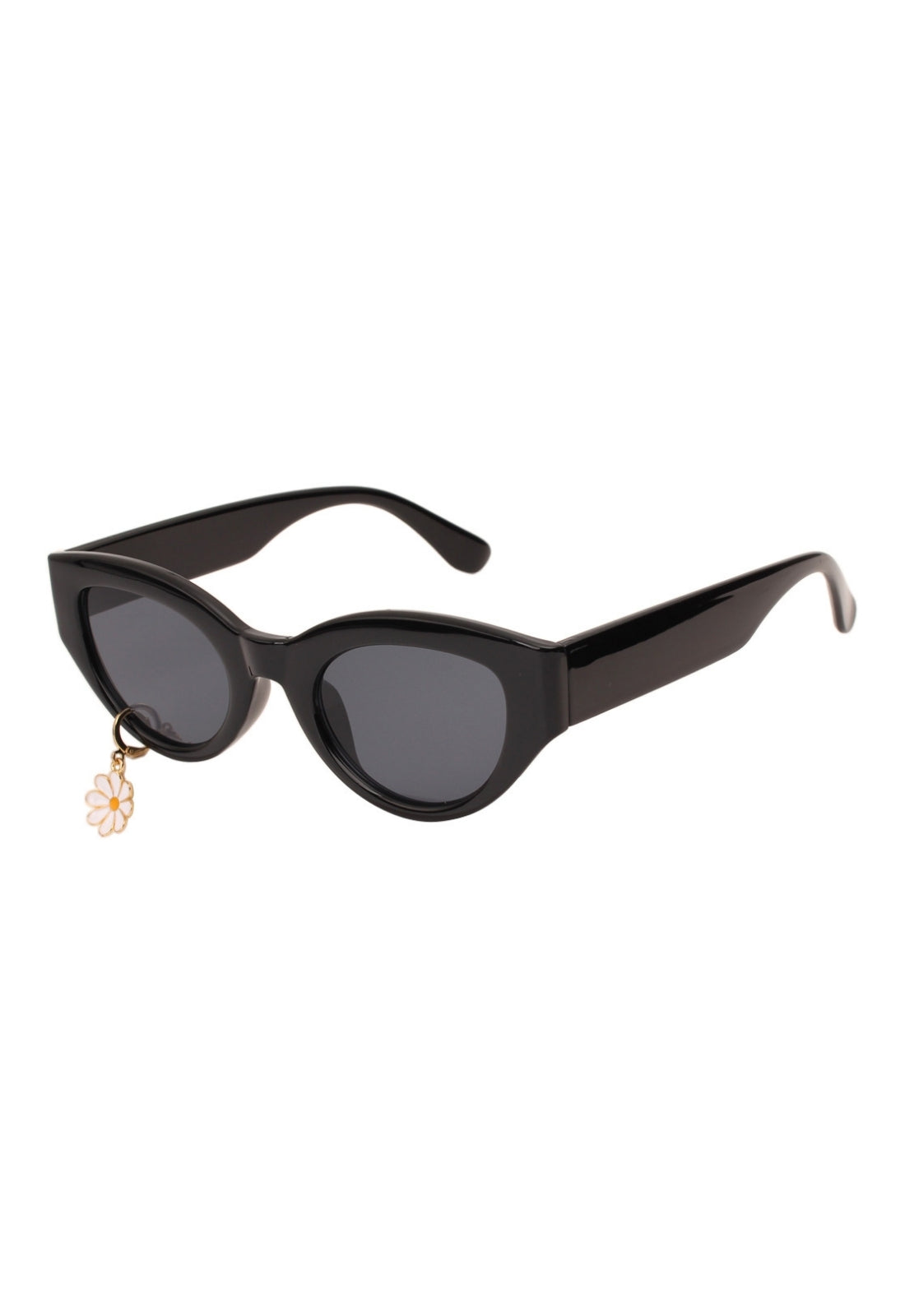 Black cat-eye sunglasses with a small decorative charm 