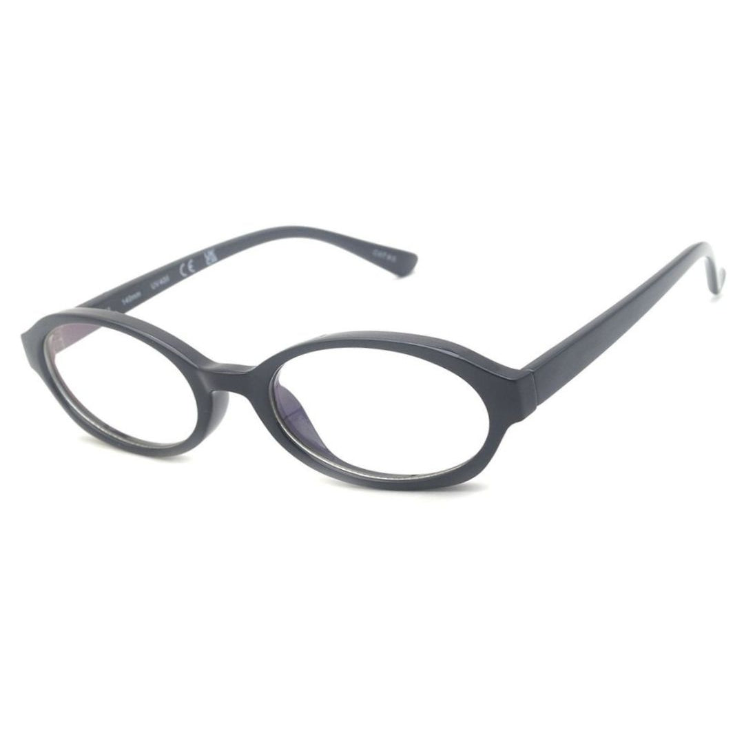 A pair of round frame blue light blocking glasses with a black frame.