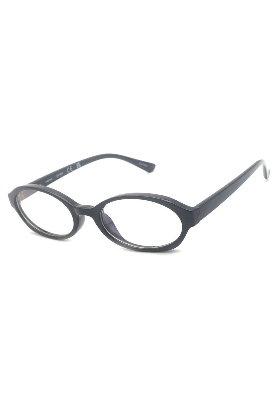 A pair of round frame blue light blocking glasses with a black frame.