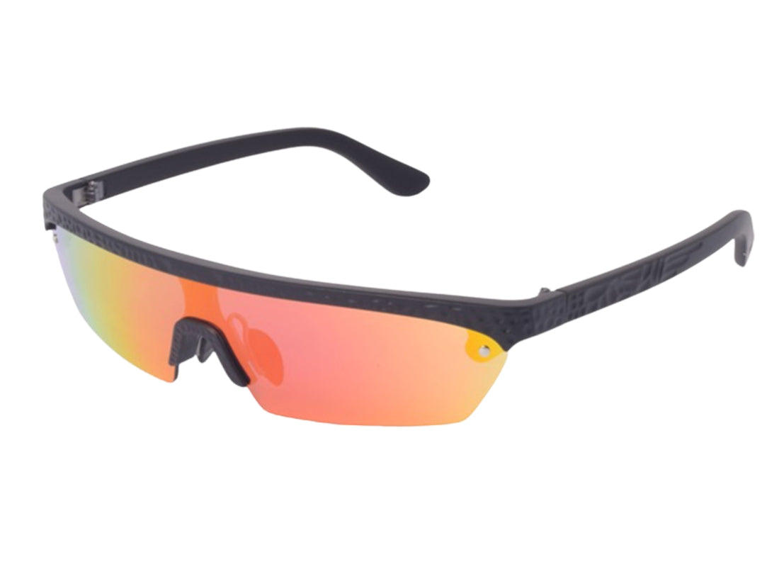 A pair of sunglasses with black frame and orange-tinted lenses.