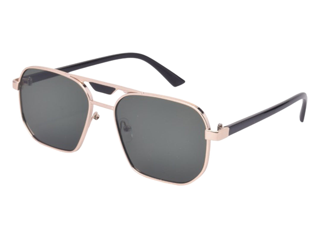 A pair of sunglasses with a metallic frame and dark lenses.