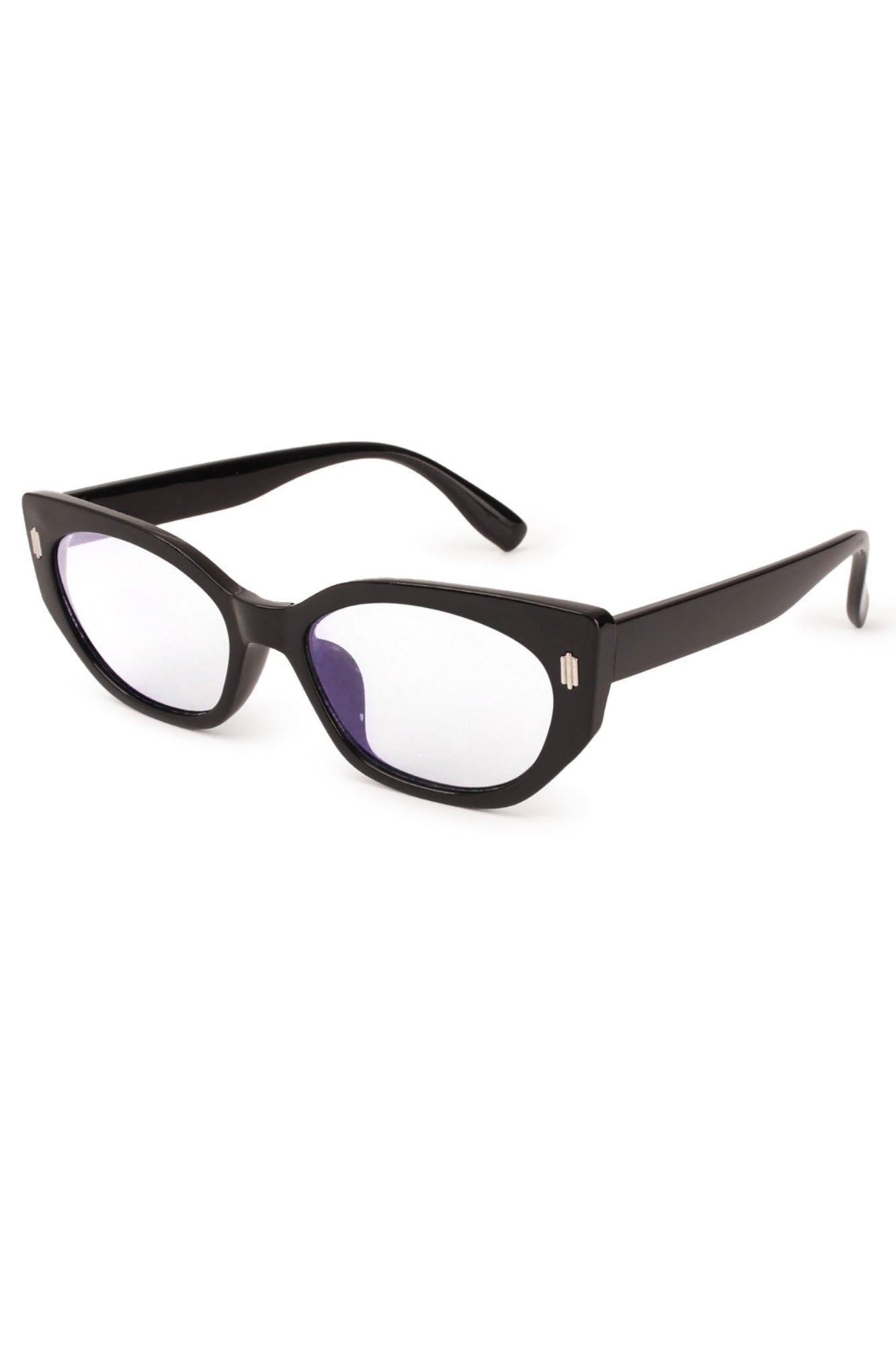  A sharp black cat eye blue light  frame with attitude. 