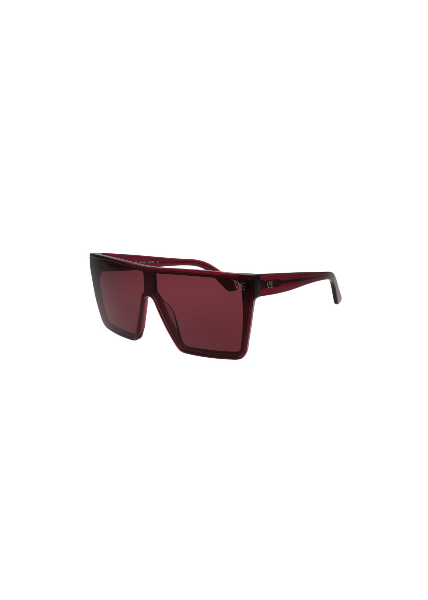 Oversized IMPULSE sunglasses with solid burgundy lenses and shiny crystal burgundy frame, offering full UV protection.