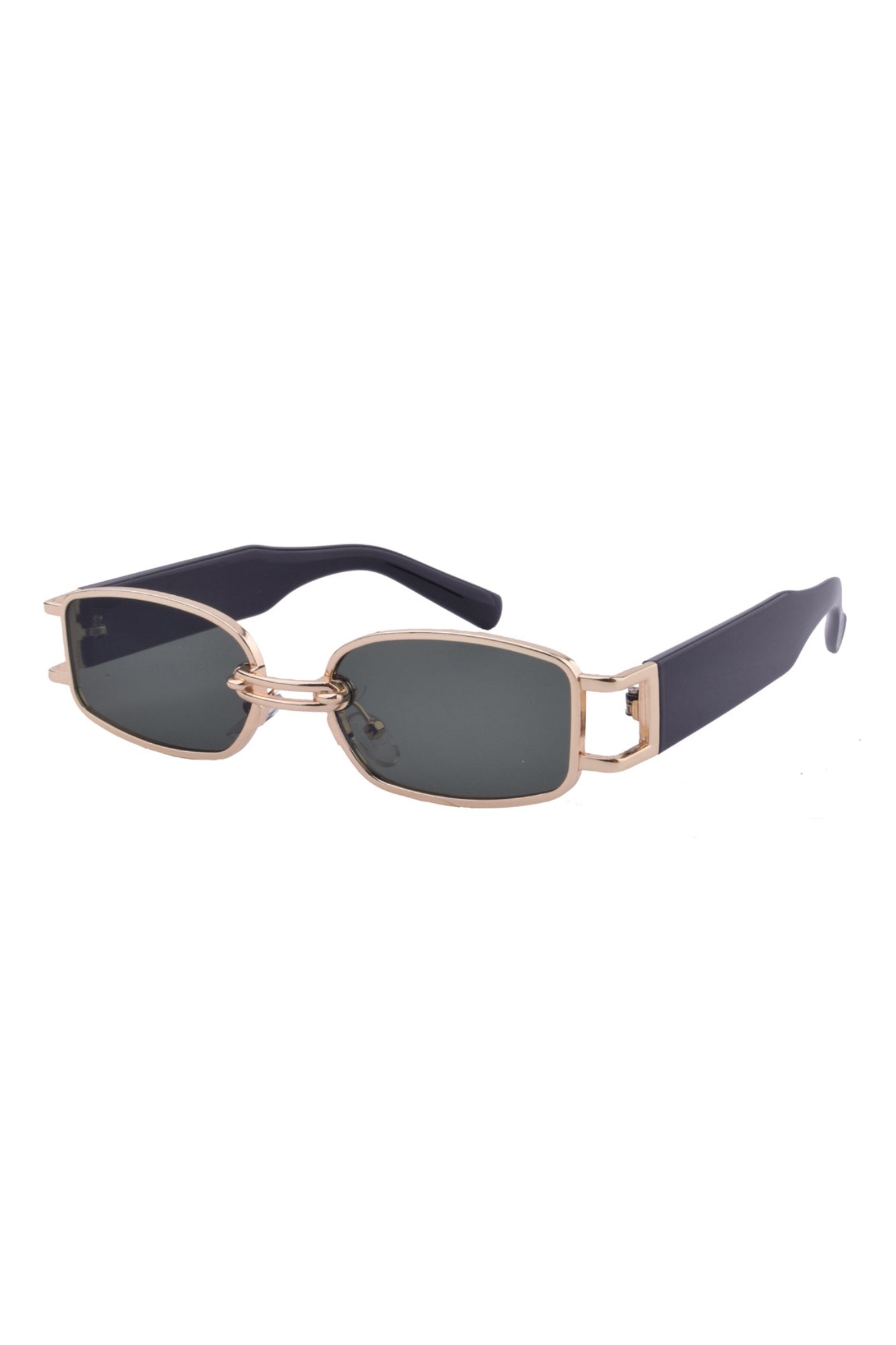 Sunglasses with rose gold frame and dark lenses on a white background