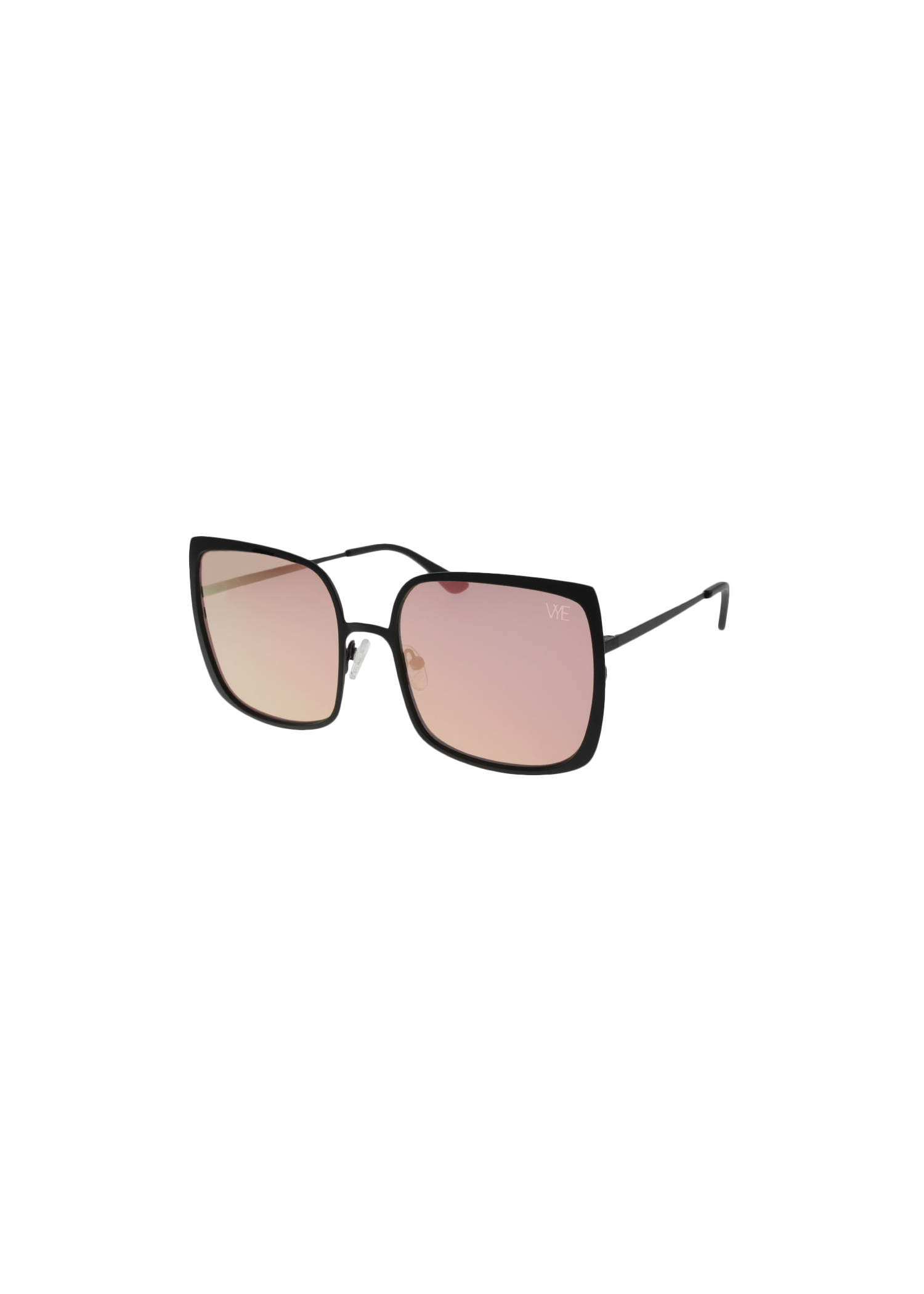 Sunglasses with a black frame and pink-tinted lenses