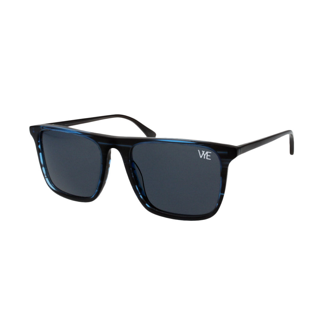polarized sunglasses with shiny striated blue frame and smoke lenses