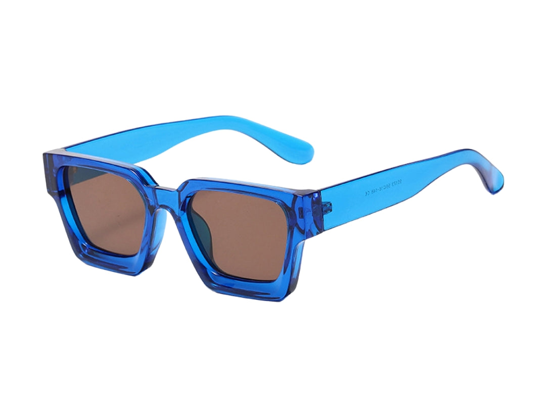 A pair of blue square-framed sunglasses with UV protection material.