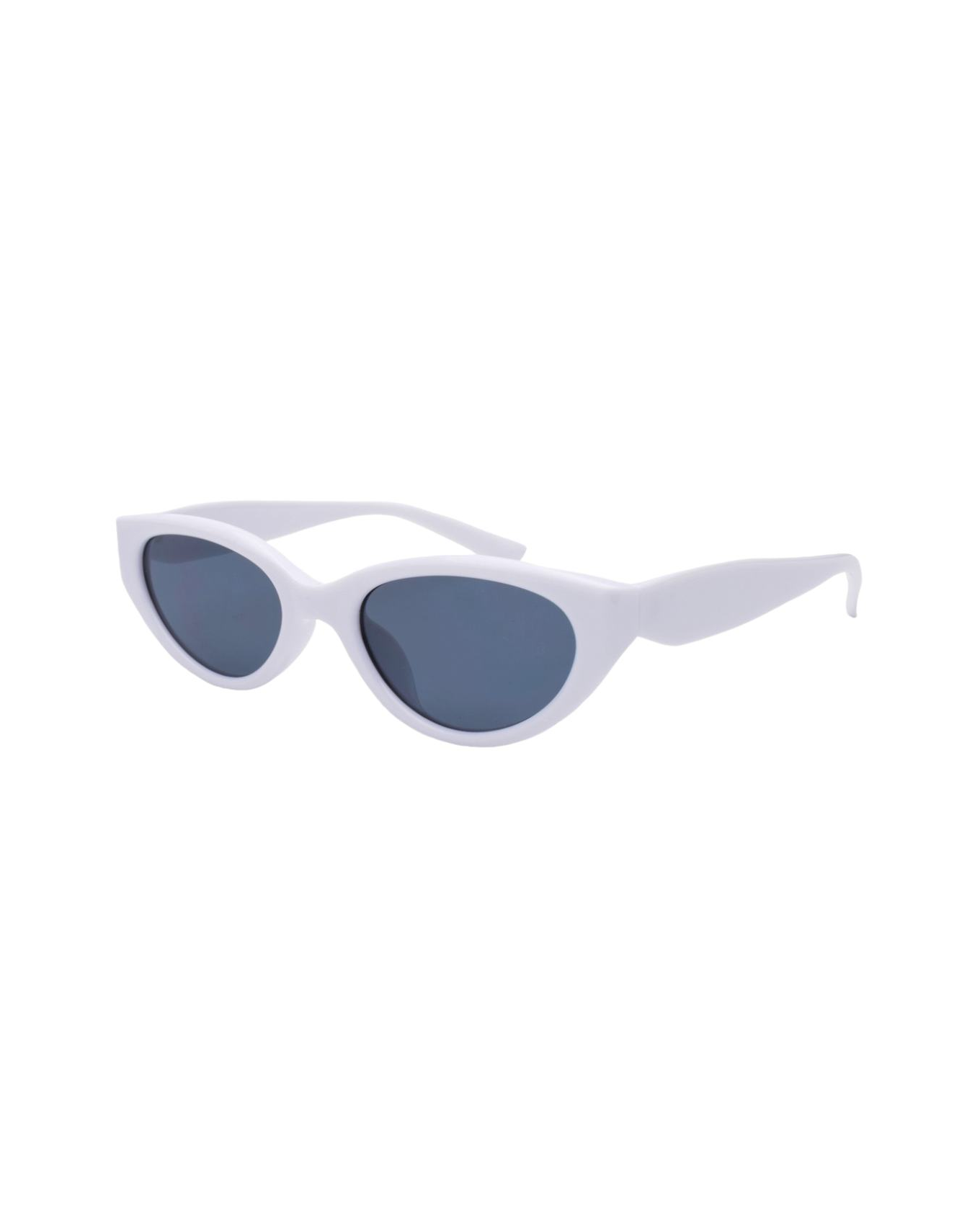 sunglasses, characterized by their sleek and modern design. Featuring a minimalistic white frame, these sunglasses have a subtle cat-eye shape that enhances their stylish appeal.