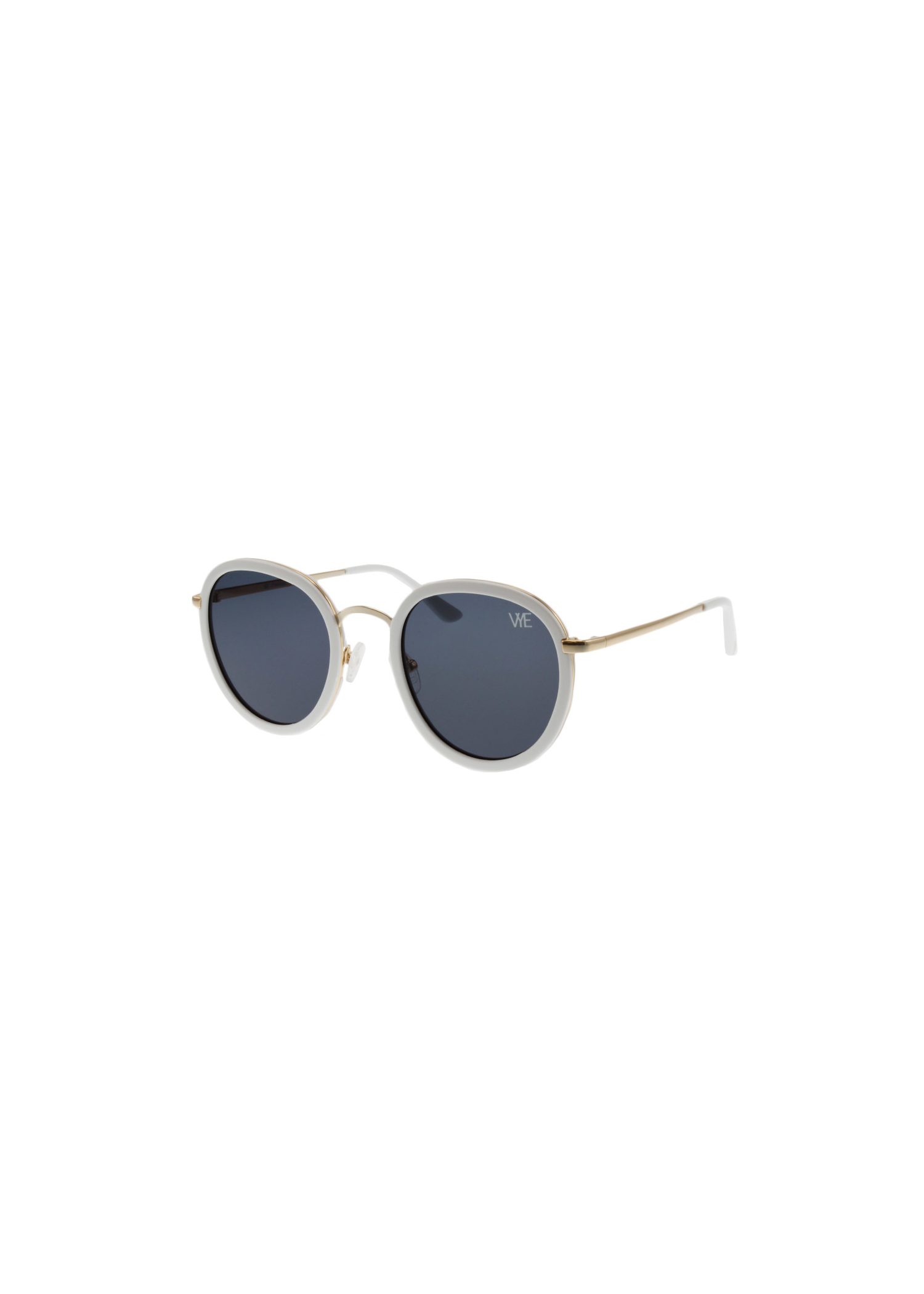 PRESTIGE sunglasses with shiny snow white acetate frame, gold metal accents, and dark smoke lenses for full UV protection