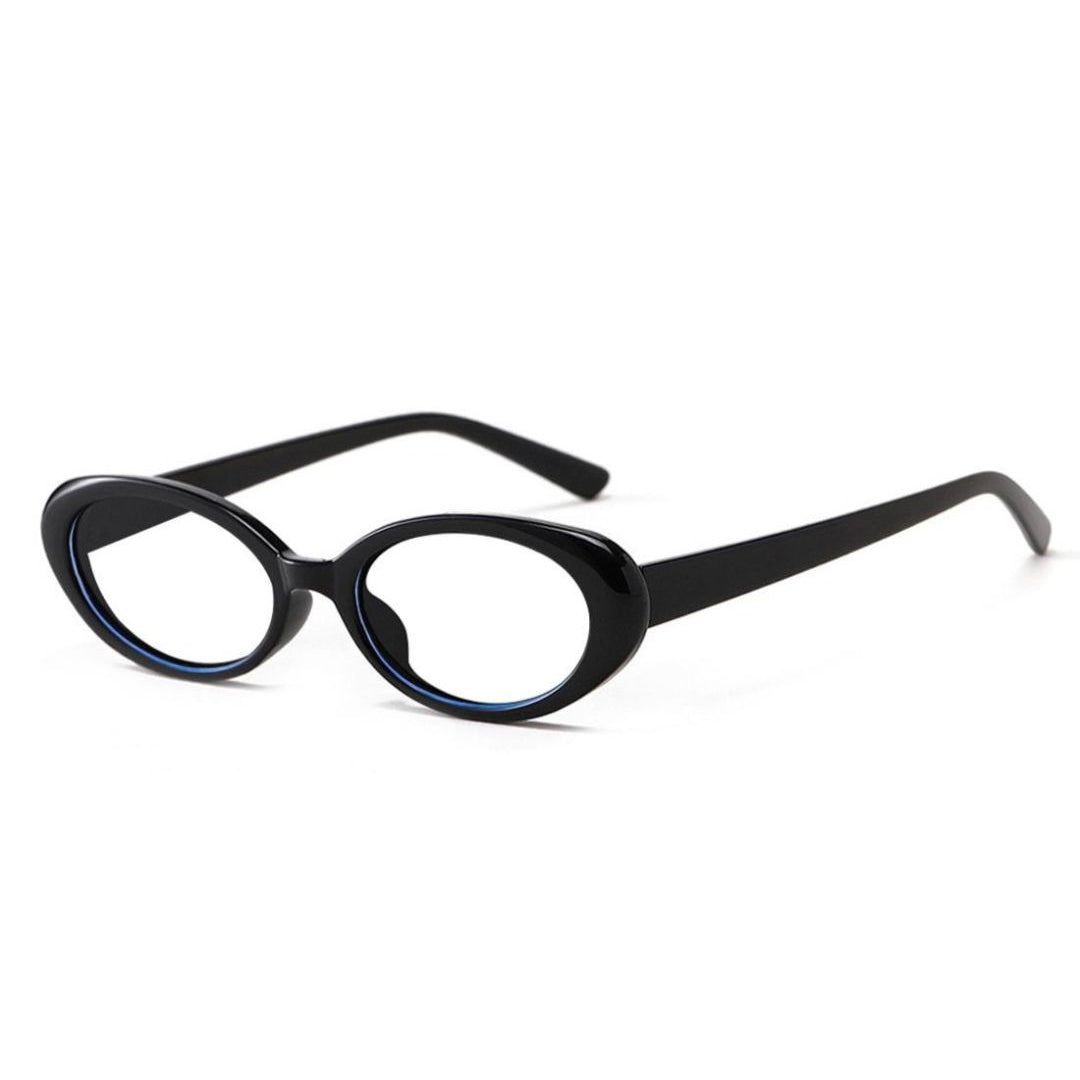 A pair of round frame black with blue light protective lenses.