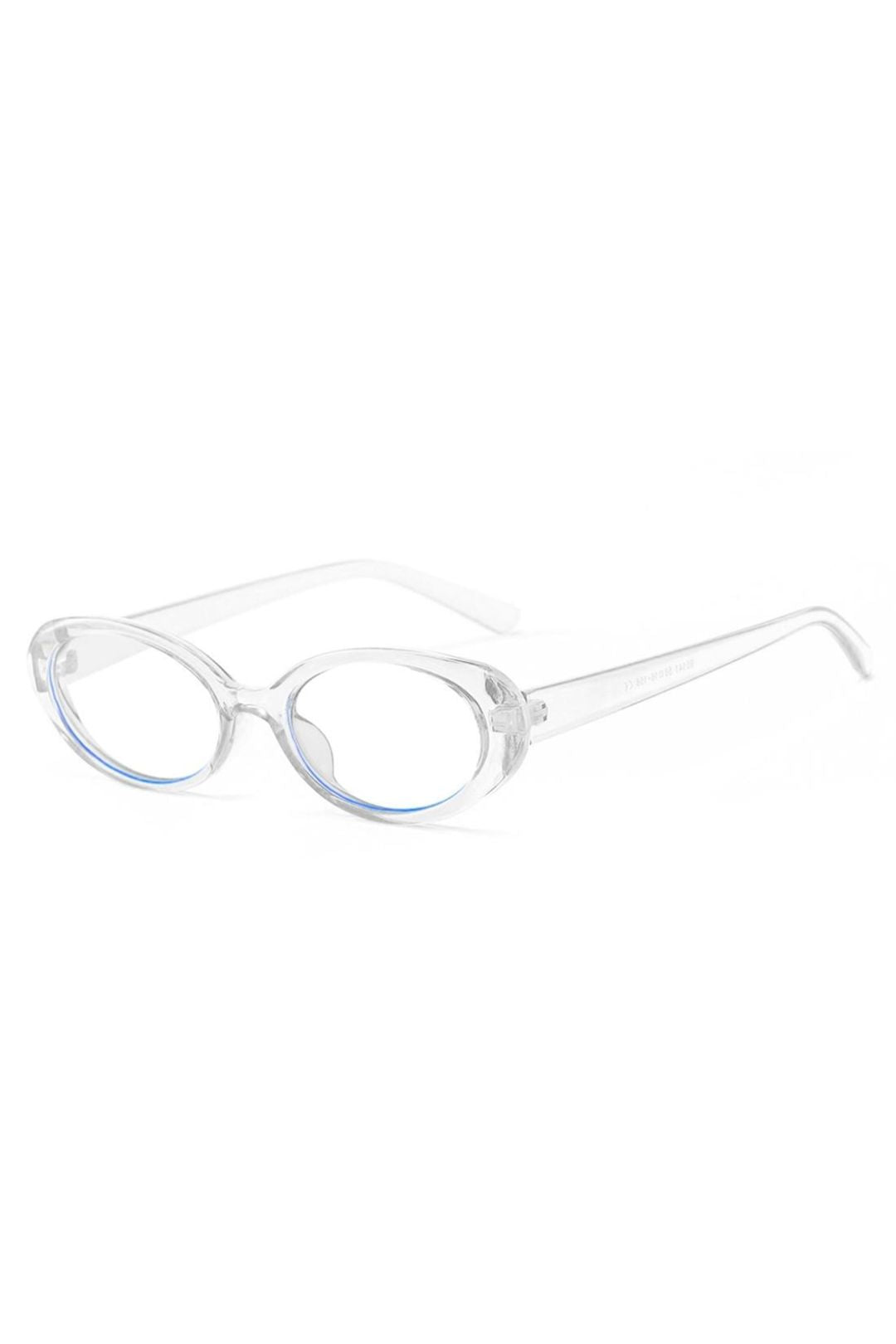 A pair of round frame clear blue light   lenses.