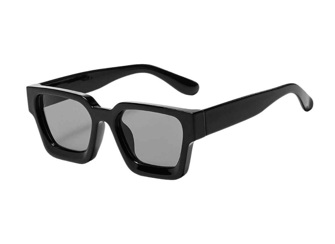 A pair of black square-framed sunglasses with UV protection lenses.