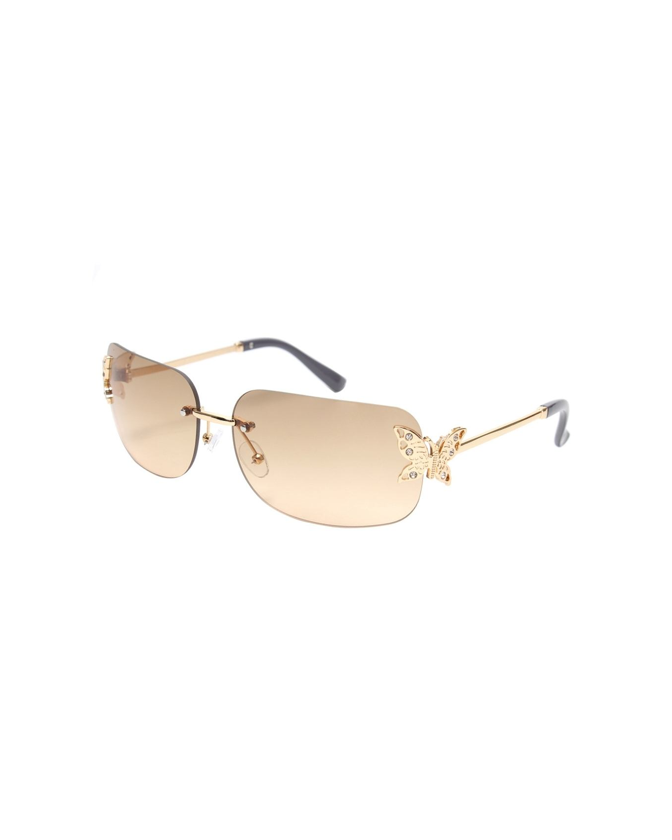 A pair of sunglasses with gold-colored frames and brown lenses, featuring a butterfly design on one side.