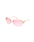 A pair of sunglasses with gold-colored frames and pink lenses, featuring a butterfly design on one side.