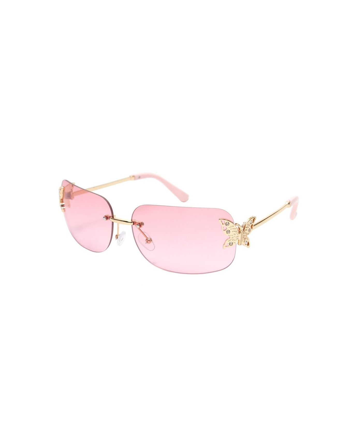 A pair of sunglasses with gold-colored frames and pink lenses, featuring a butterfly design on one side.