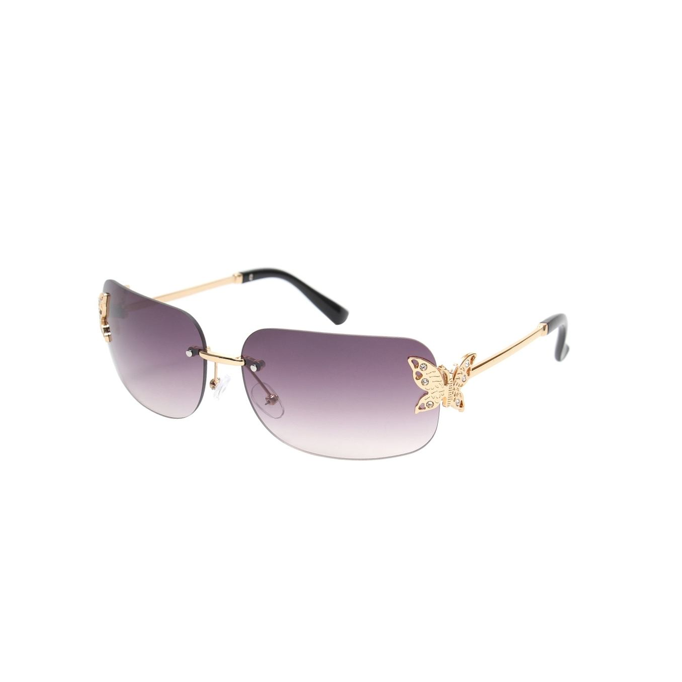 A pair of sunglasses with gold-colored frames and smoke lenses, featuring a butterfly design on one side.