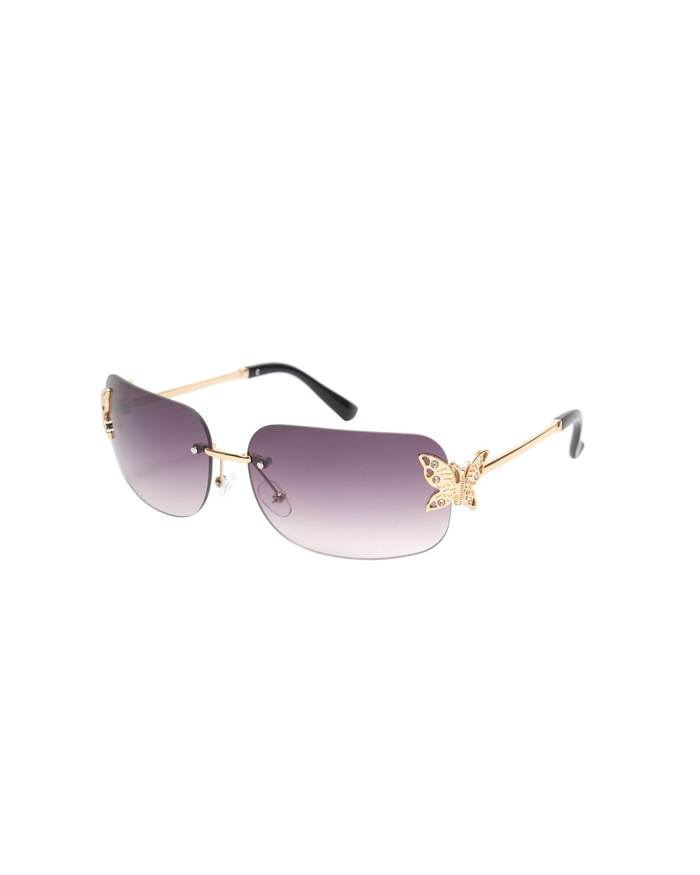 A pair of sunglasses with gold-colored frames and smoke lenses, featuring a butterfly design on one side.