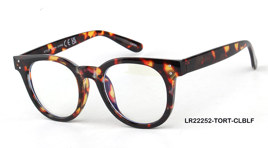 A pair of blue light blocking glasses with a tort frame