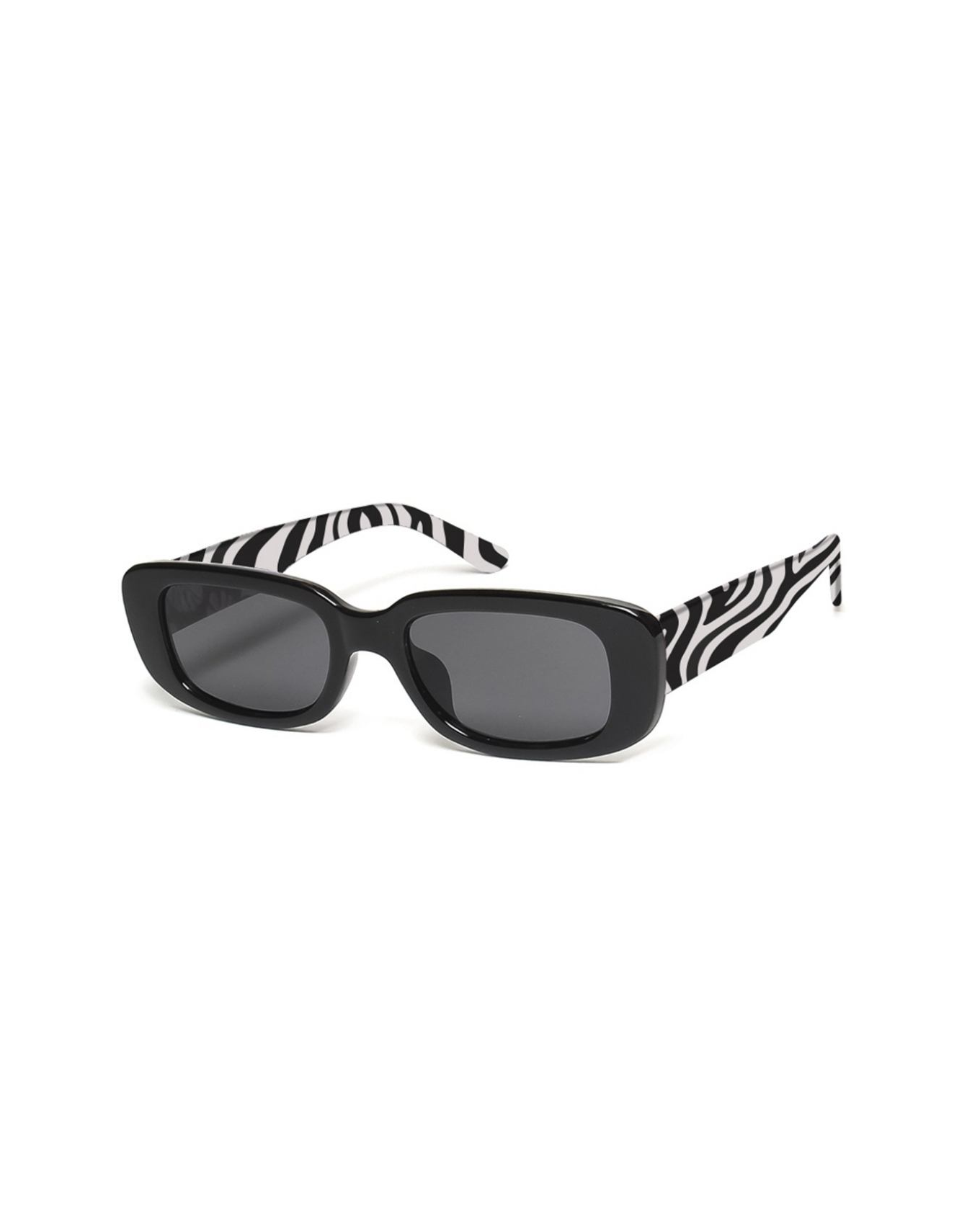 A pair of sunglasses with black frame and zebra print on the arms.