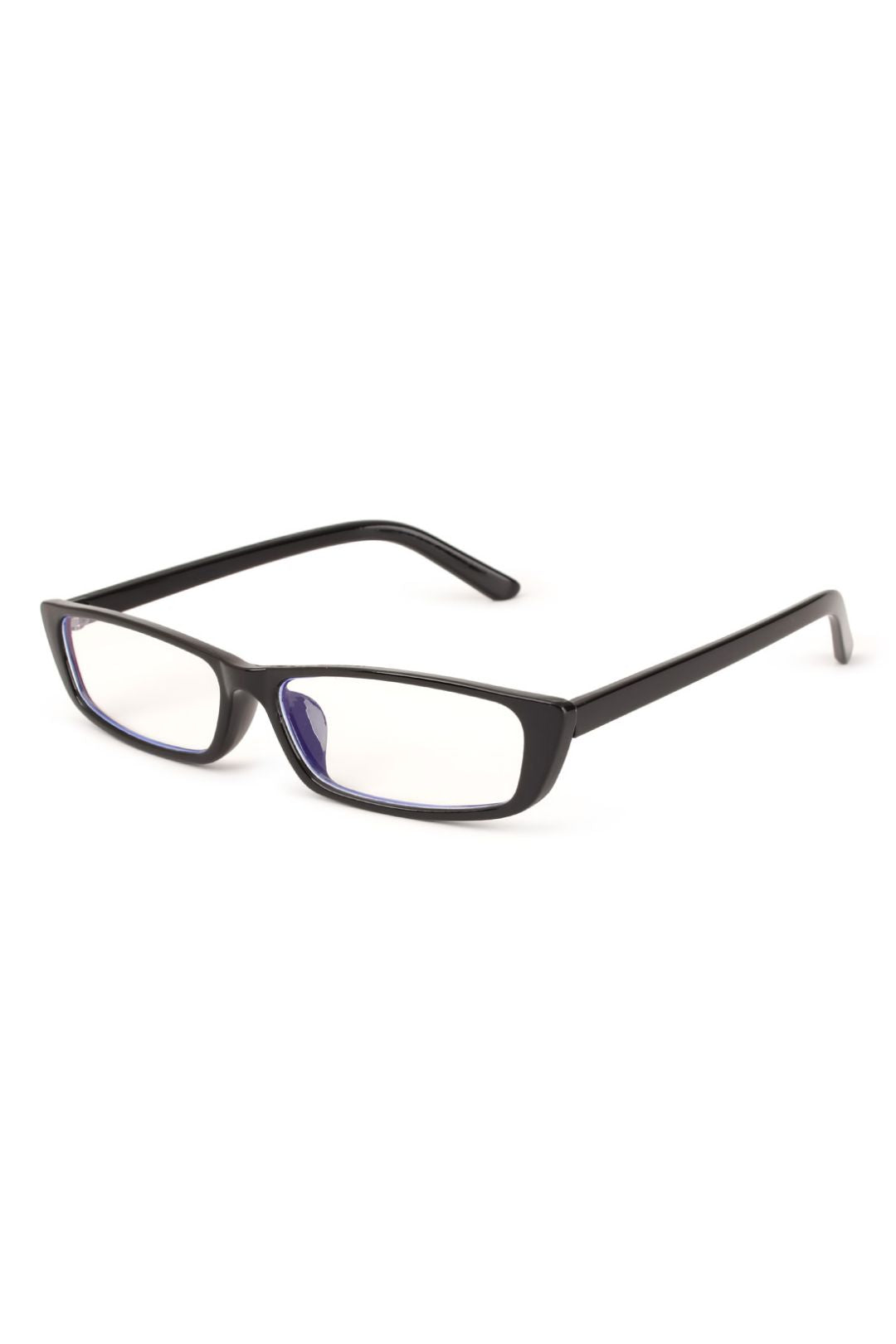 A pair of square-framed eyeglasses with black temples and clear lenses.