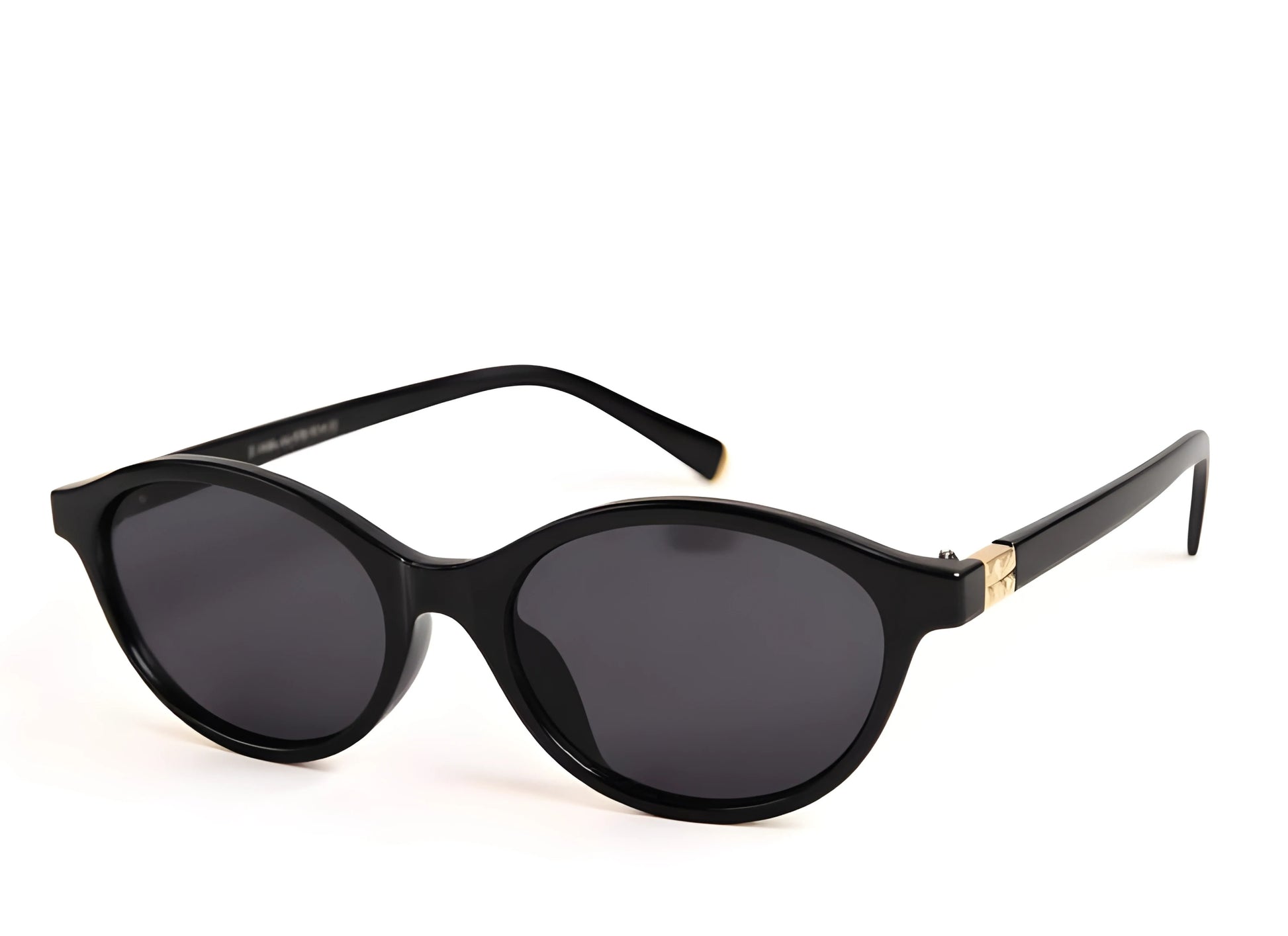Black sunglasses with gold accents on a white background