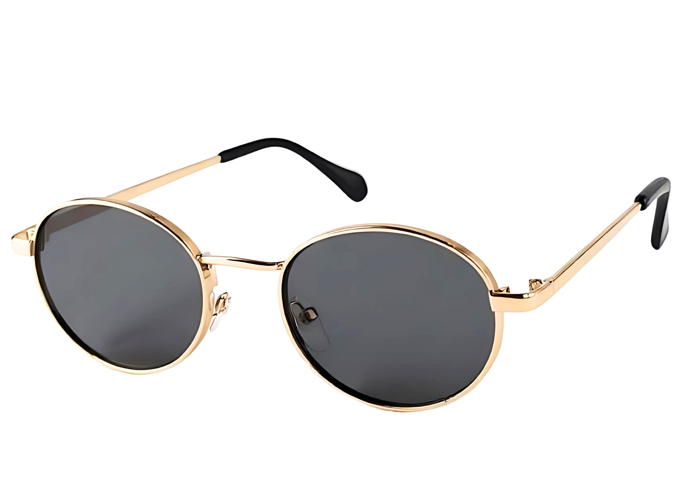 A sleek round metal frame in polished gold.