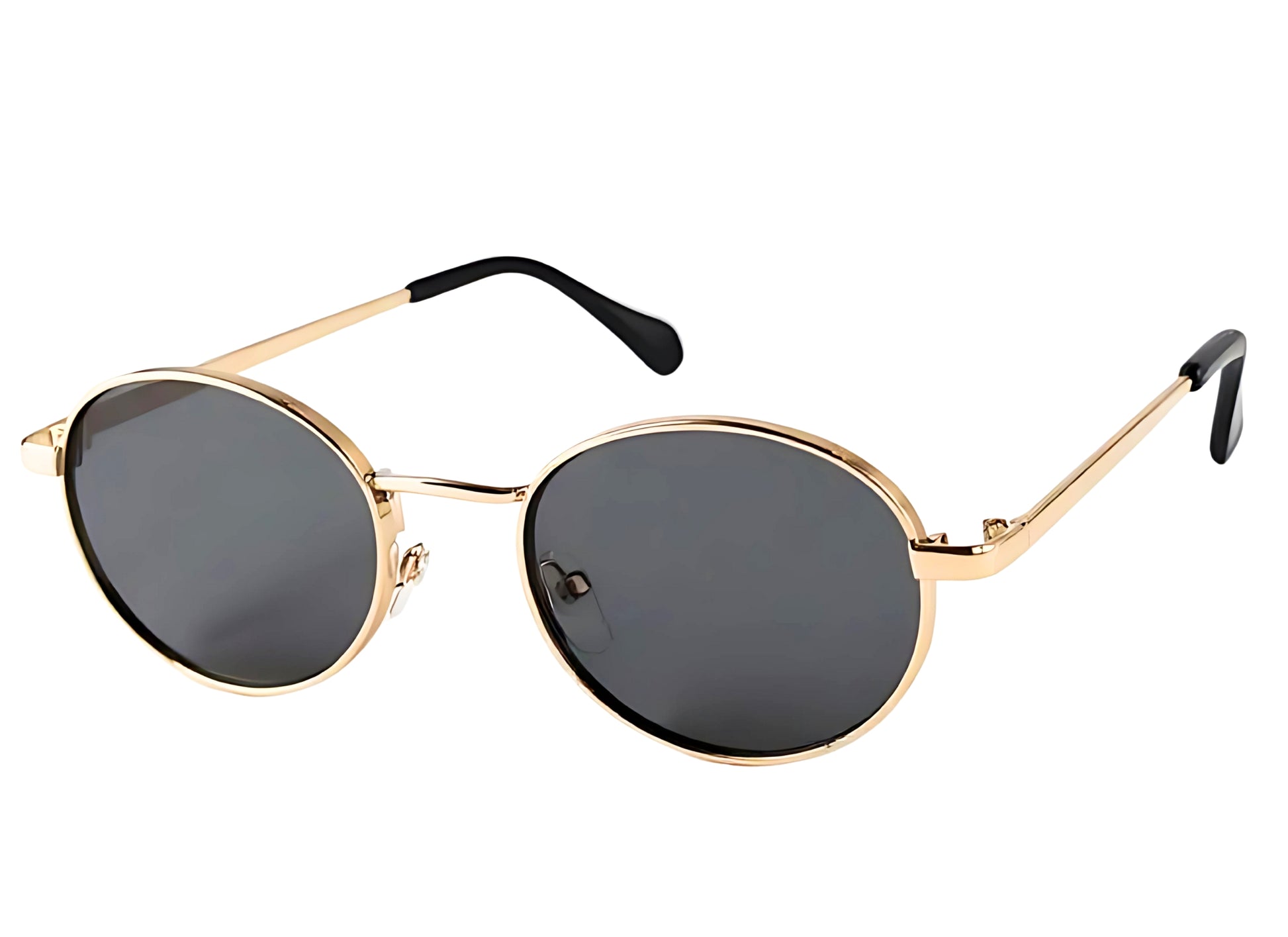 A sleek round metal frame in polished gold.