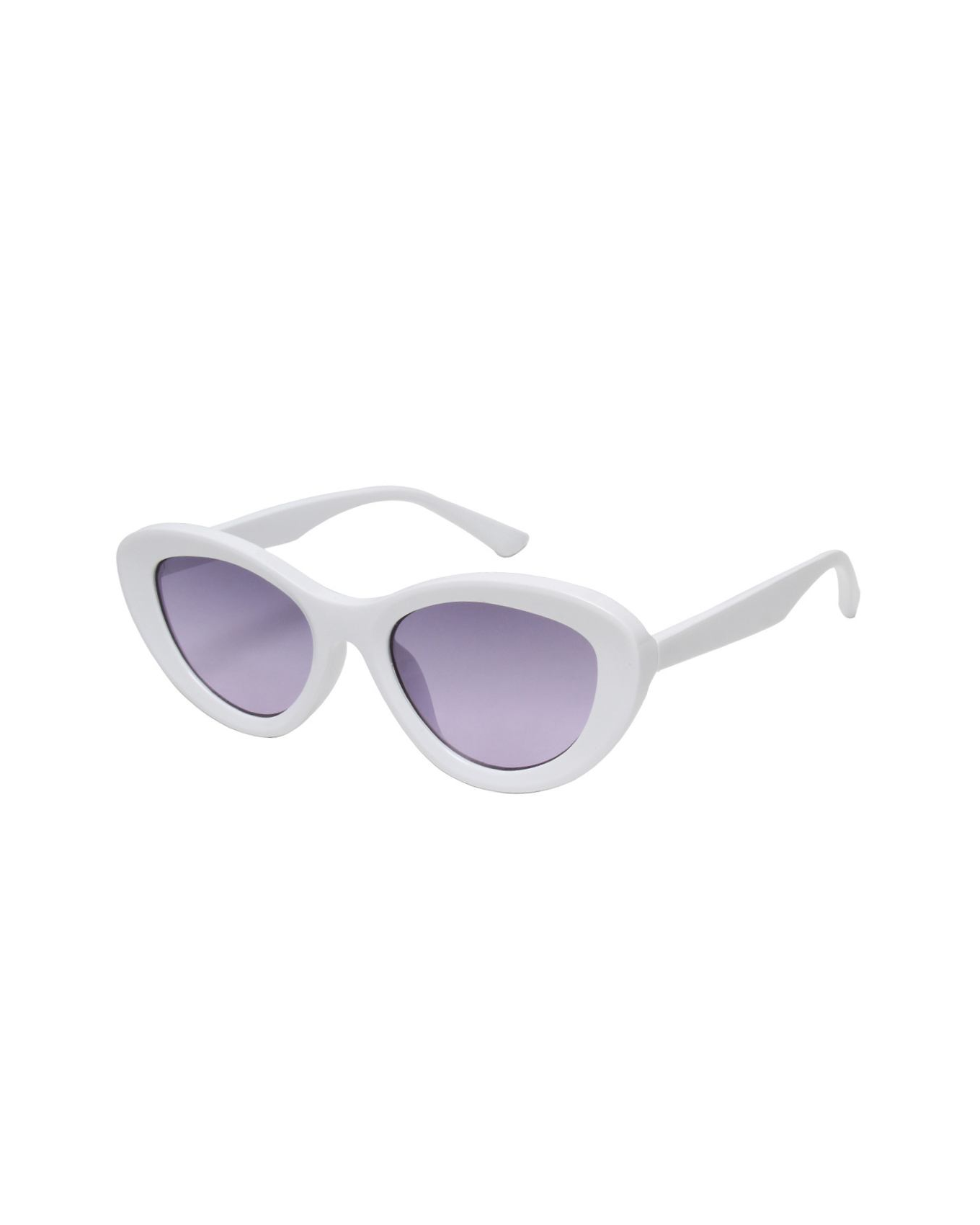 A pair of white framed sunglasses with purple lenses.