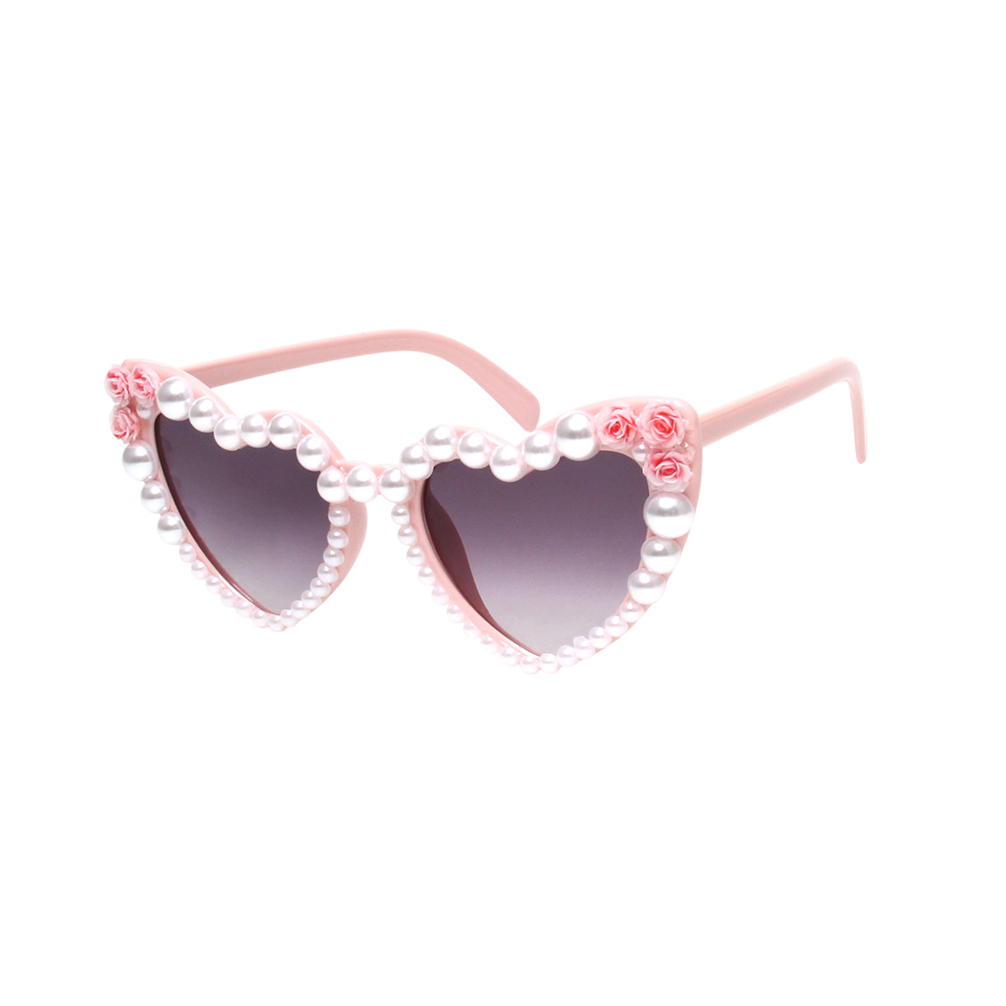 Heart-shaped sunglasses with pink frame, pearl details, and floral accents 