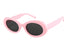 A pair of pink, oval-shaped sunglasses with black lenses.